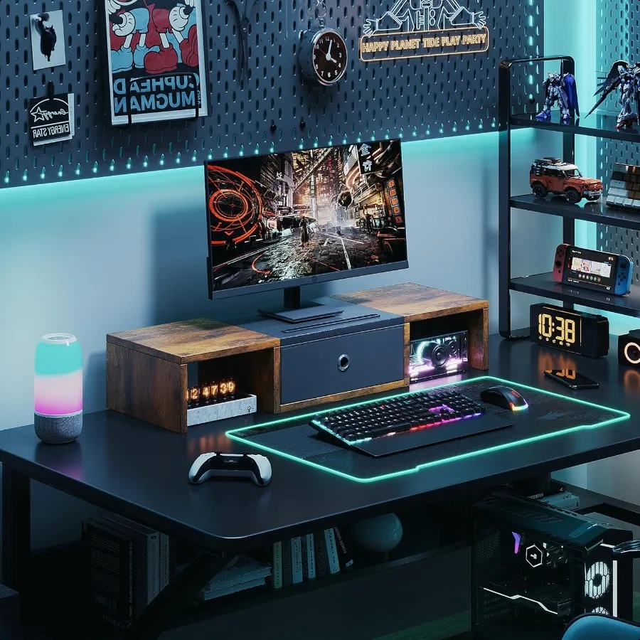 Monitorständer-Riser mit Aufbewahrungsschublade, 25-Zoll-Computermonitorständer mit Tablet und Handyhaltern, Holz-Desktop-Organizer