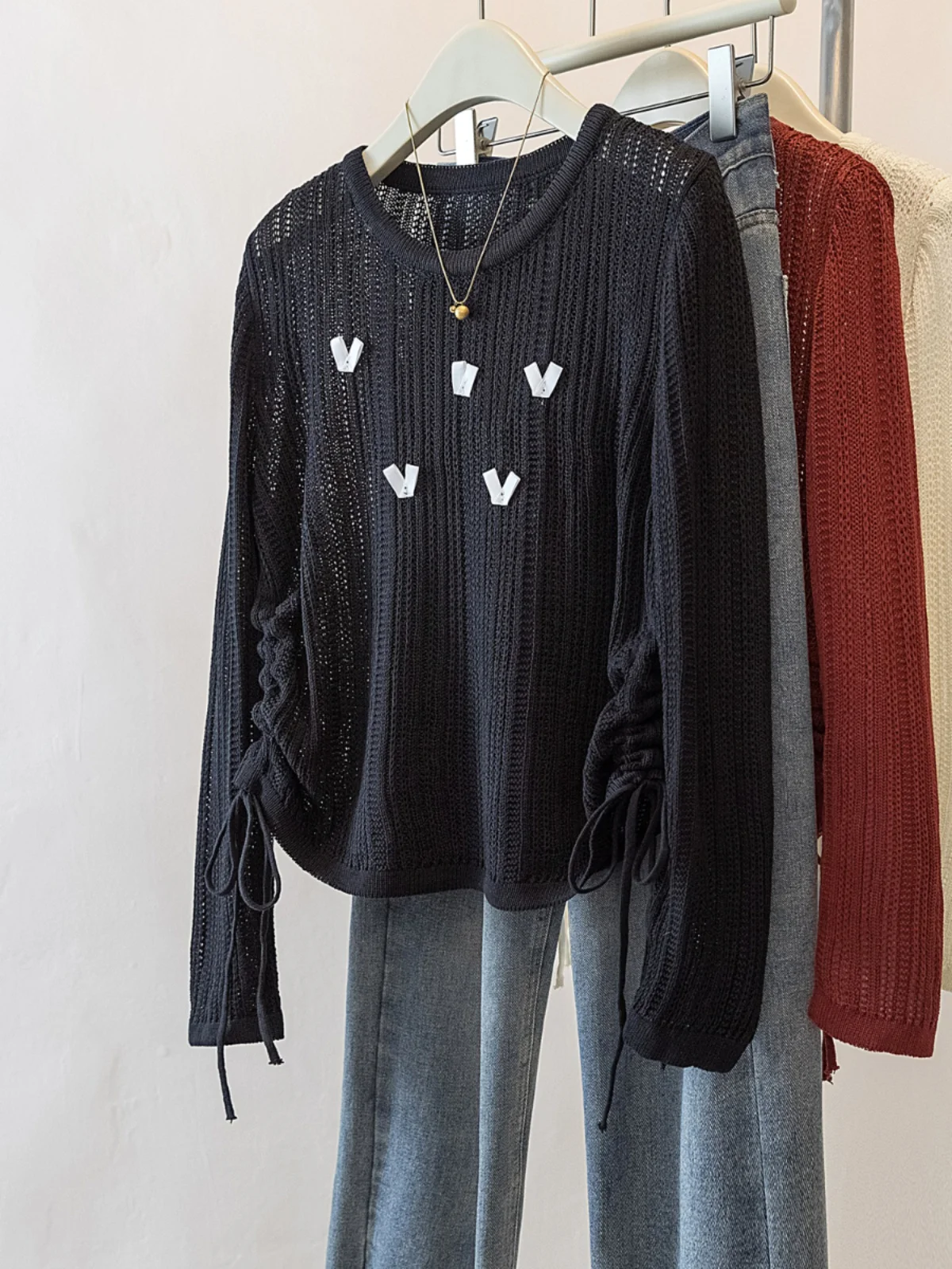 Chic Knitted Long Sleeve Cover up Women's Early Spring plus Size Slimming Design Drawstring Hollow out Korean Style Top