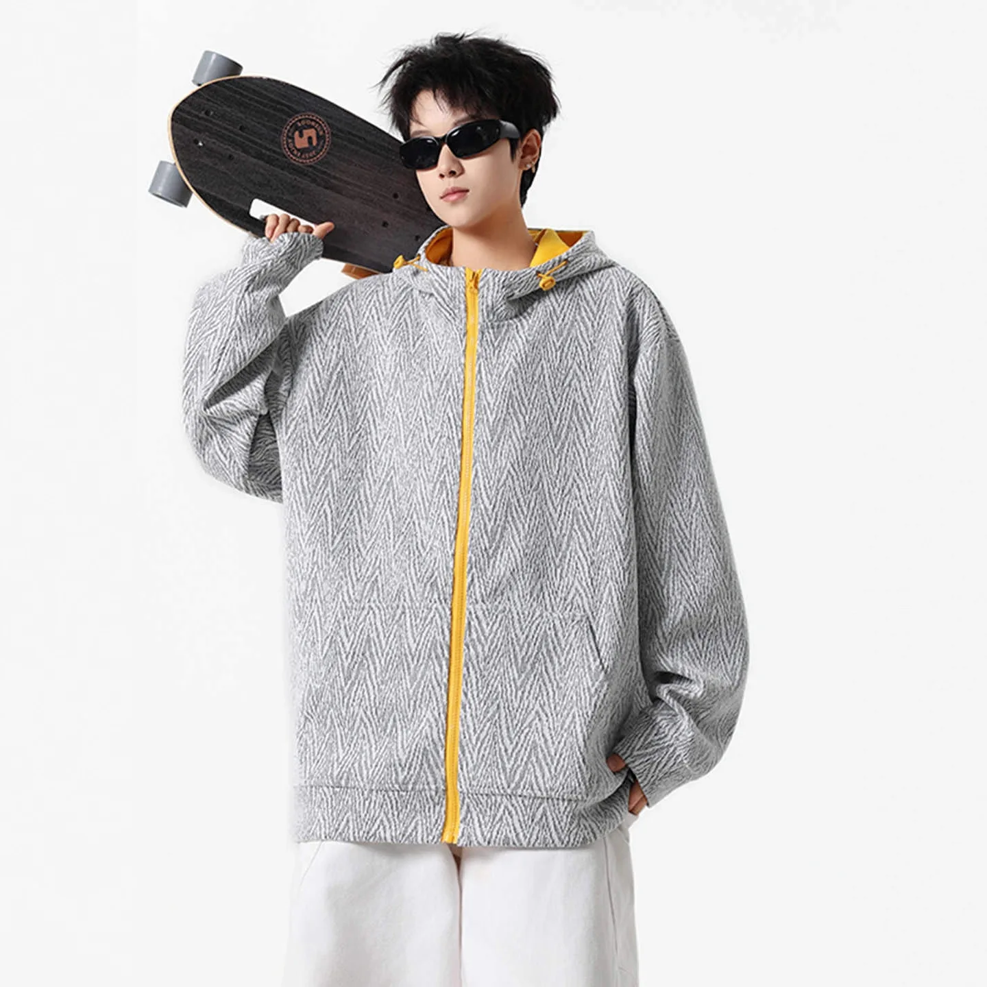 2025 Color Blocked Herringbone Patterned Cardigan Sweatshirt Men's Autumn Heavyweight Hooded Zipper Sports Jacket