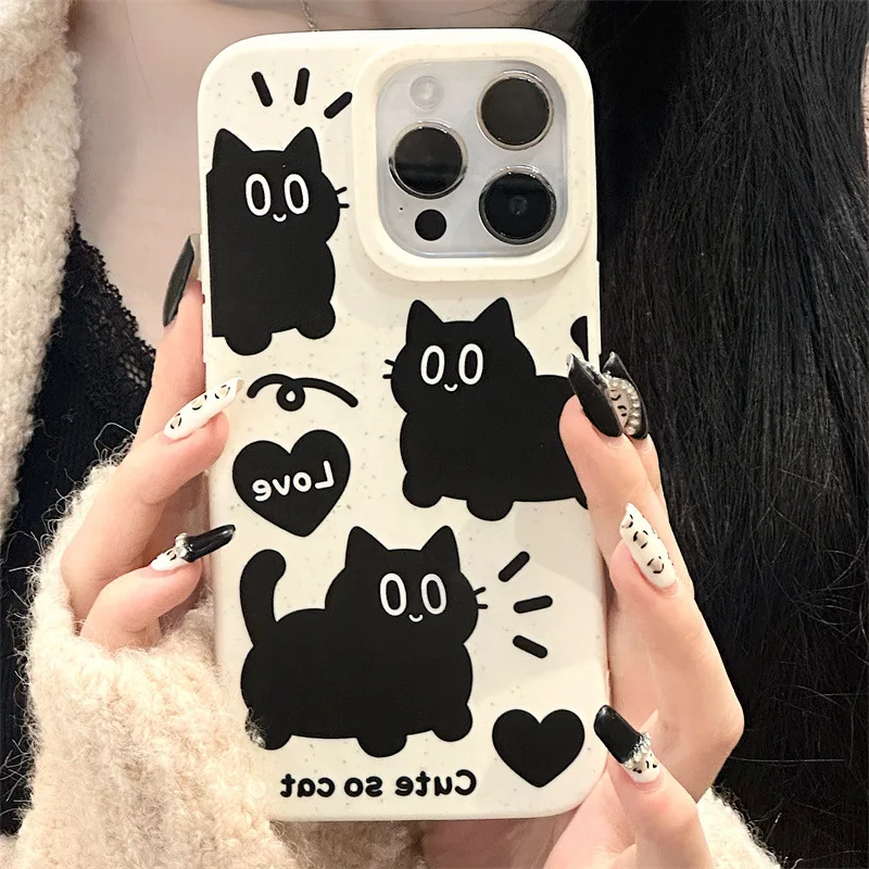 Cartoon Black Cat Phone Case For iPhone 15 Case iPhone 13 11 12 14 16 Pro Max XR XS 7 8 Plus SE Wheat Straw Soft Silicone Cover