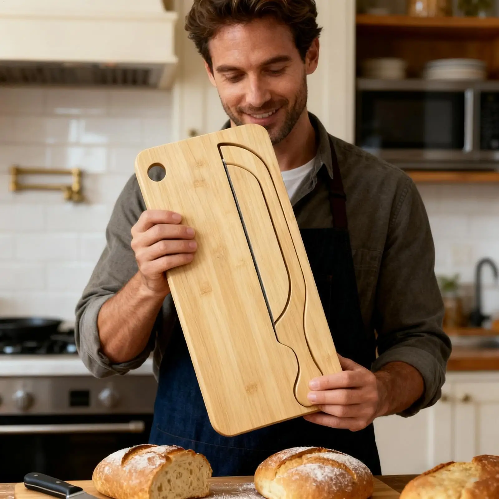 Tabla para cortar pan, cortador en forma de arco inoxidable, juego de tabla de pan de madera para manos izquierda y derecha, Bagels, Baguettes francesas para el hogar
