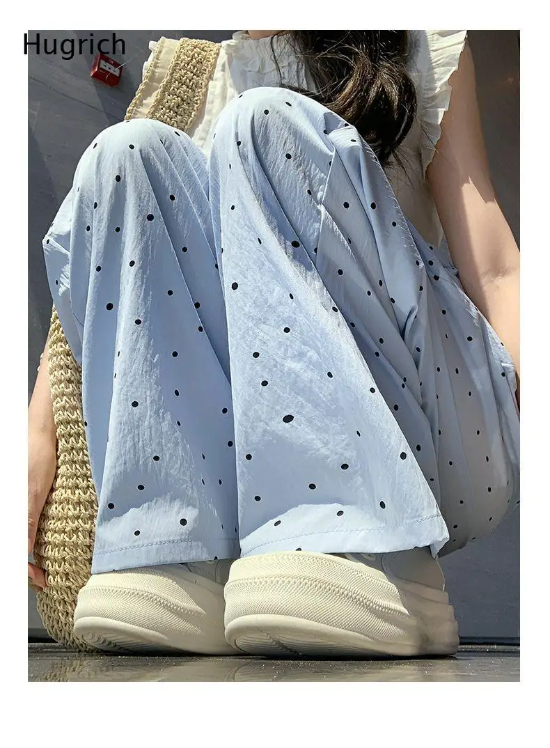 Ditsy Black Dot Printed Casual Pant Wrinkle Textured Fabric Relax Fit Straight Wide Leg Daily Wear Trouser