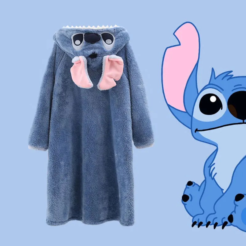 Cartoon Disney Stitch Couple Pajamas Coral Fleece Hooded Long Sleeve Couple Pajamas Winter Men\'s/Women\'s Loungewear Pajamas