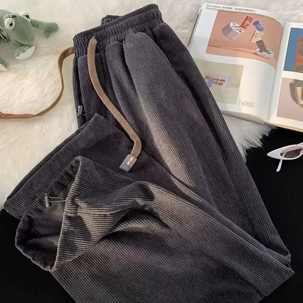 

Men Pants Drawstring Elastic Waist Thick Plush Pants Loose Wide Leg Straight Casual Lady Full Length Trousers Sweatpants