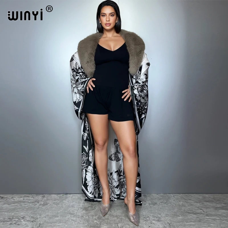 WINYI boho silk feeling kimono Faux fur fur collar coat party dress abaya dubai luxury muslim woman fashion open front kaftan