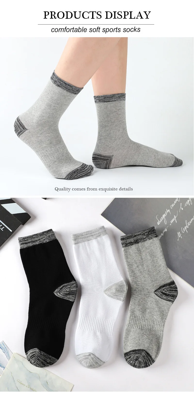 6 Paare/los männer Sportsocken Herbst Winter 100 % Baumwolle Laufen Schwarz Sport Wandern Socken Schwarz Weiß Grau Männliche Lange Röhre socken – Detail 7