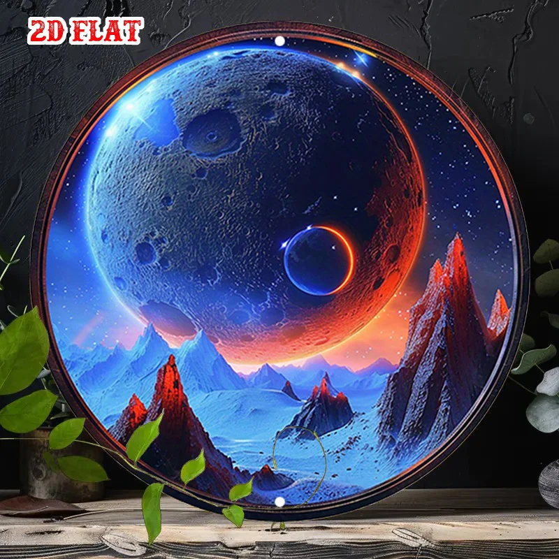2D Flat - One-Piece 2D Flat Decorative Plaques for Holidays Featuring a Round Aluminum Sign with an Alien Landscape, Cosmic Ru