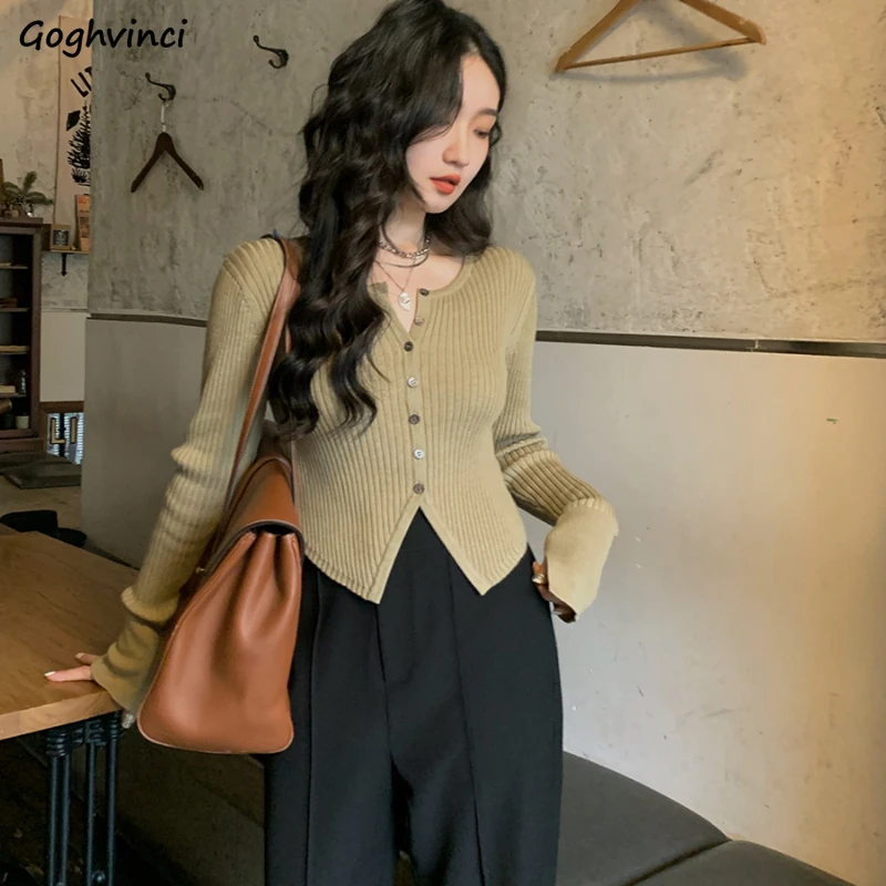 Cardigan Women Solid Knitted Slim Fit Autumn Ins Defined Waist Chic Trendy All-match Minimalist Style Casual Classic Prevalent