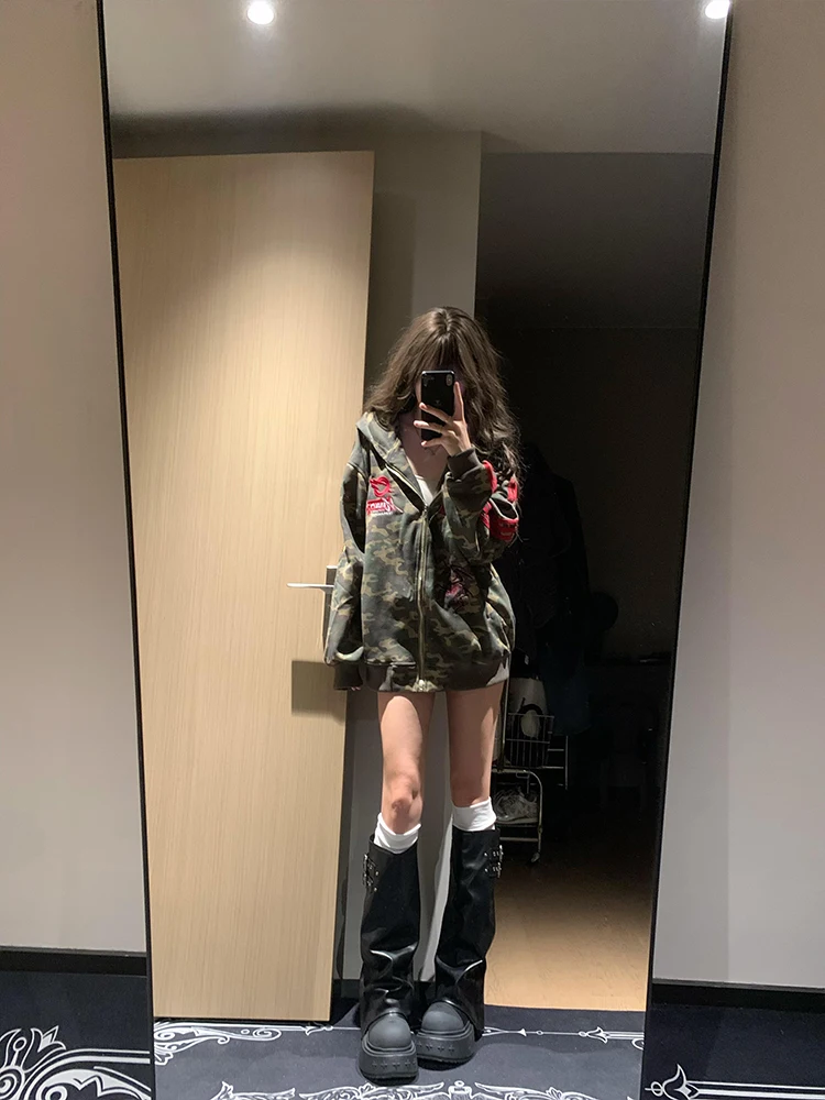 Amerikanischen Retro Camouflage Lange Sve Hut Hoodie Frauen Frühling Herbst Lose Faul Offenen Pullover Mantel Straße Sport Casual Lose...