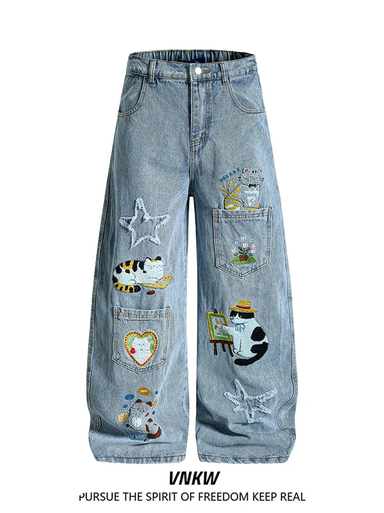 

Ретро-джинсы в американском мультяшном стиле с вышивкой, широкие штанины, свободный крой, повседневные длинные брюки для мужчин и женщин, модные свободные прямые...