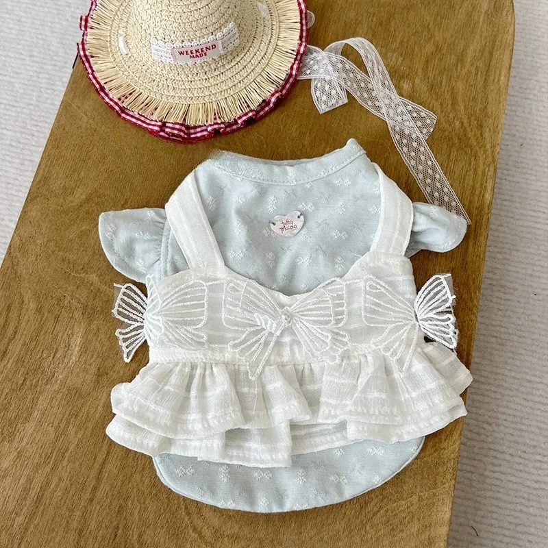 Faux Two-Piece Pet Dress Butterfly Lace Suspender Overlay with Inner Short Sleeve Top Breathable Summer Casual Outfit for Pets