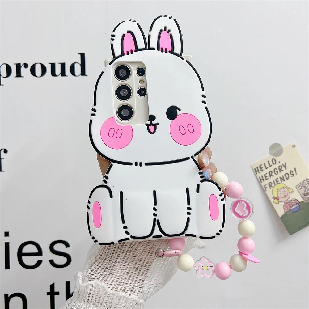 Kawaii Pink Blush Bunny Phone Case for S26 Ultra Bead Chain Silicone Cute Rabbit Protective Cover for Samsung Galaxy S25 S23 A57
