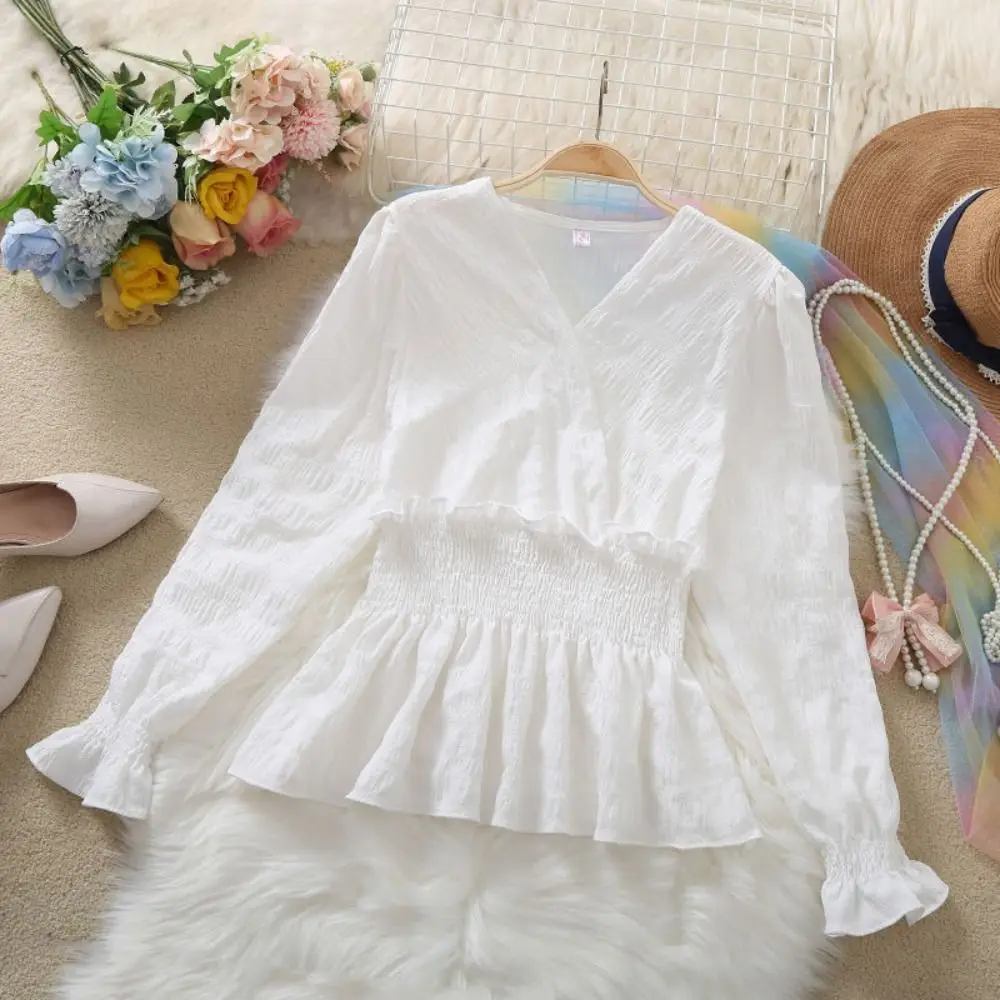 Fashion V-neck Chiffon Thin Shirt Slim Fit Solid Color Chiffon T Shirt Women Ruffled Edge Long Sleeve Ladies Tops Streetwear