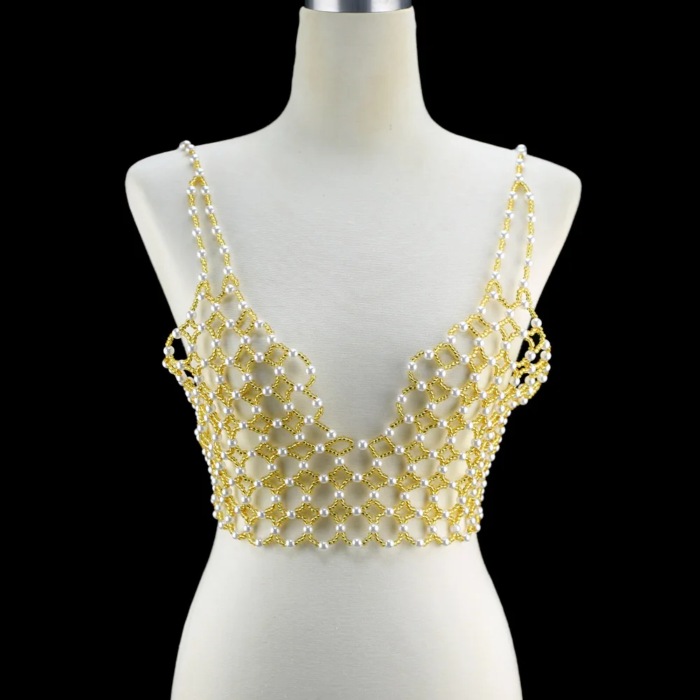 Woven Imitation Pearl Body Chain Bra Top Beaded Mesh Halter Harness Crop Top Women Sexy Nightclub Festival Party Chest Jewelry