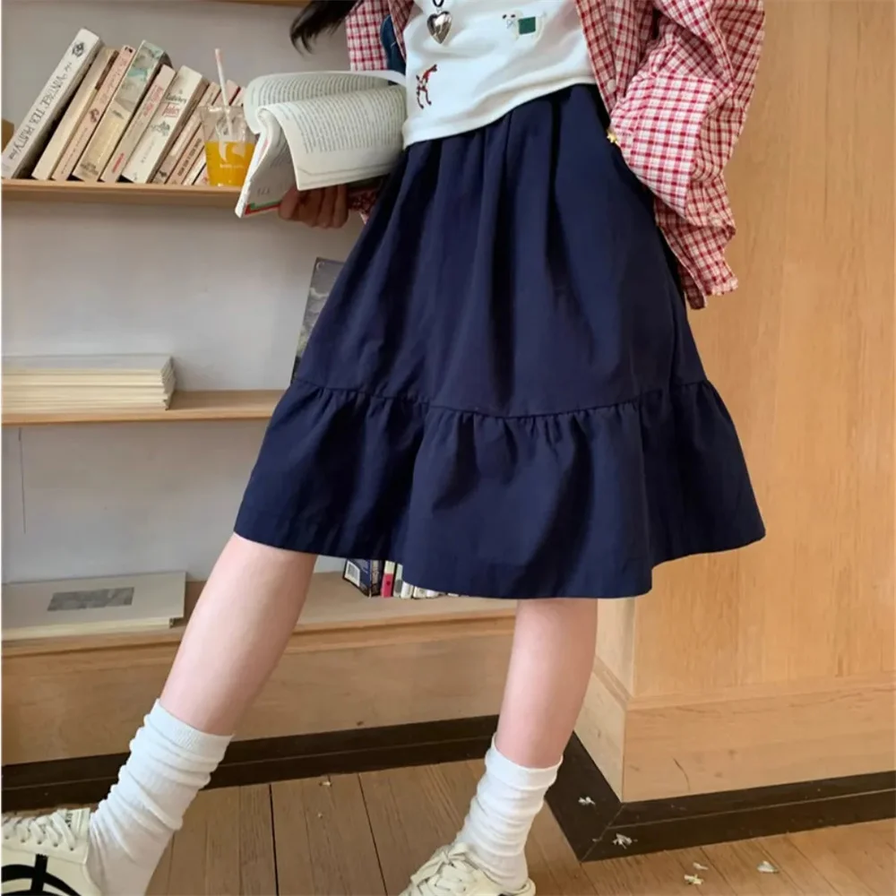 Solid Loose Summer Casual Knee-length Skirts Women Elastic Waist College Style A-line Fashion Chic High Waist Baggy Skirts 2026