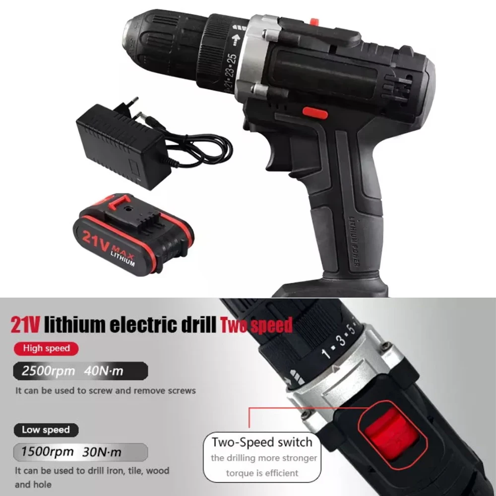 مثقاب كهربائي لاسلكي 21 فولت 280 وات، نوعان من مثقاب كهربائي يدوي ذو وظيفة متغيرة السرعة، مفك براغي كهربائي منزلي من الليثيوم #1