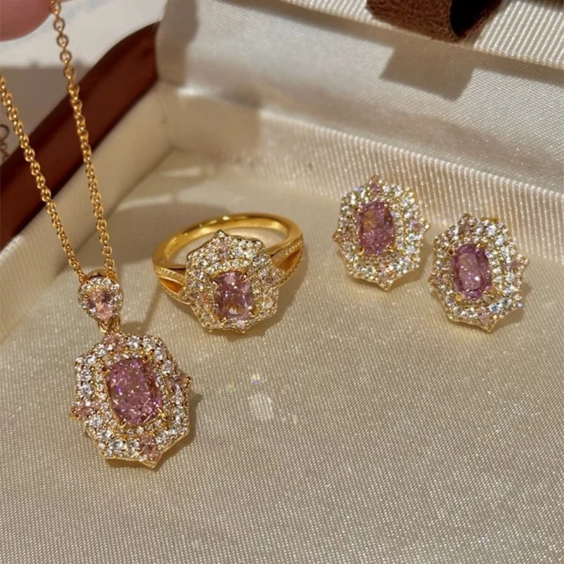 

Luxury Fashion 925 Silver Cushion Pink Tourmaline Jewelry Set Lab-grown Gemstone Geometric Ear Stud/Chunky Rings/Chain Necklace