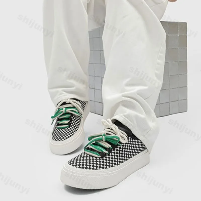 

2025 Spring New Checker Design Fashion Trend Thick Soled Casual Shoes for Men Shallow Mouth Comfortable Lace Up Chunky sneakers