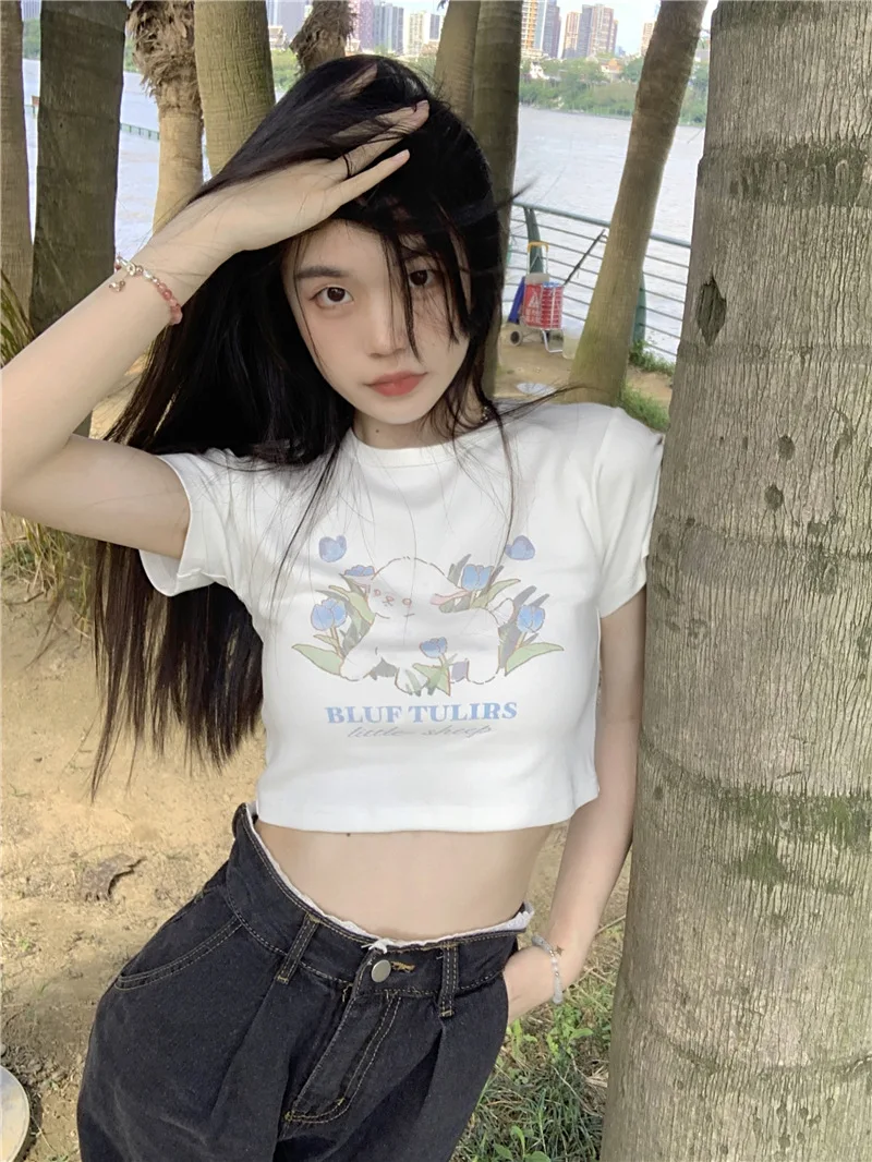 2024 Cartoon Cute Lamb Print T-shirts BLUF TULIRS Letter Print Crop Top For Girl Women Short Sleeve T-shirt Sexy Crop Top