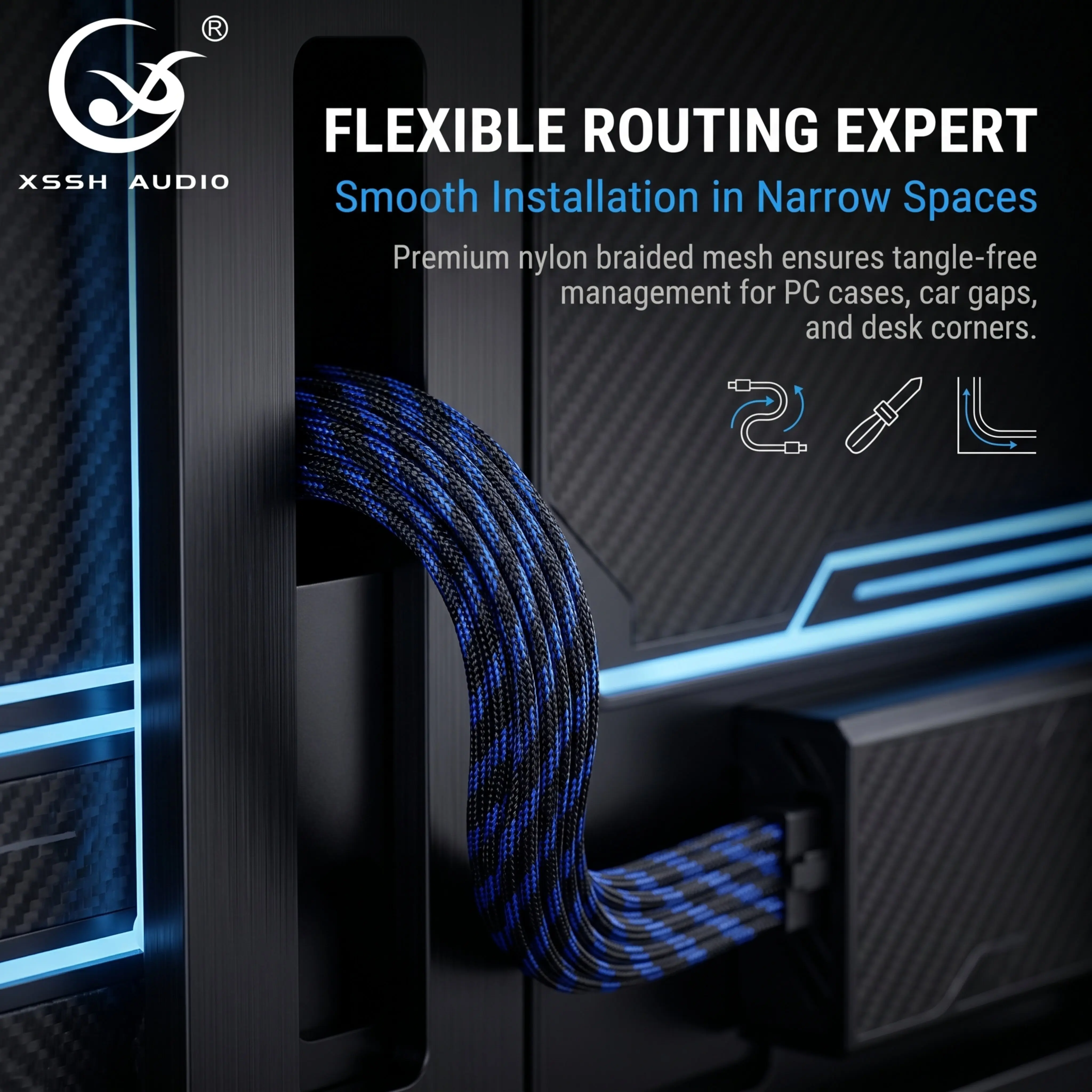 Durable Blue Black Nylon Braided Sleeve, Vibration Resistant Stretchable Mesh Tube, Easy DIY Installation for Electronic Wires