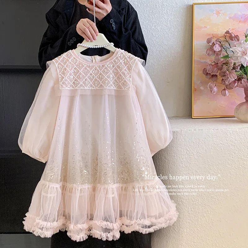 Girls' Spring and Autumn Dress 2026 New sequin lapel mesh beautiful temperament princess dress