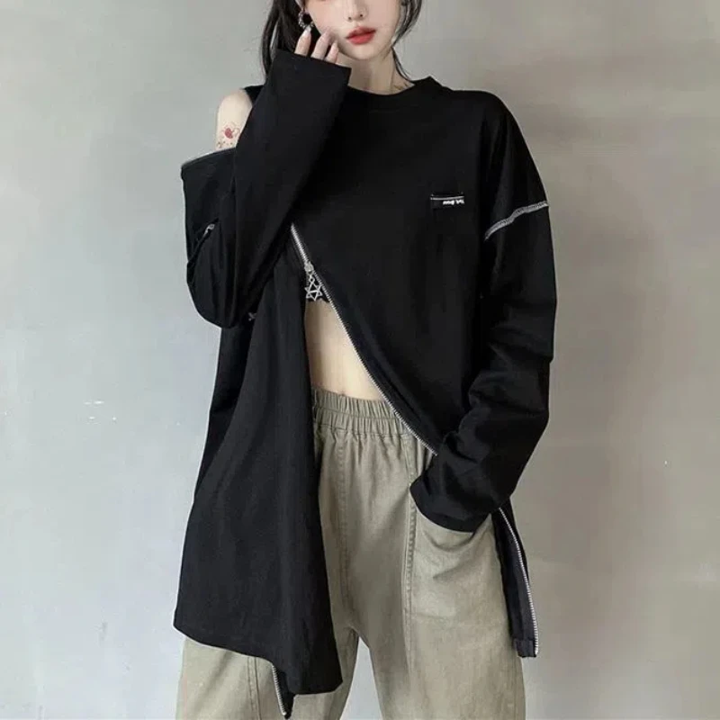 Korean Spring and Autumn Women\'s 2024 New Splicing O-Neck Zipper Fashion Solid Color Loose Minimalist Casual Long Sleeved Top