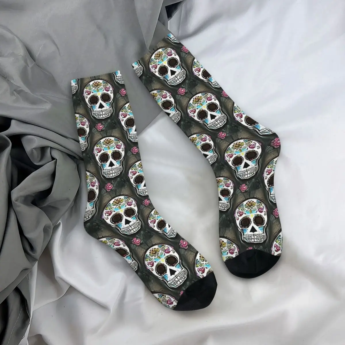 Retro Sugar Skull Color Pattern Men's Socks Sugar Skull Unisex Novelty Seamless Printed Happy Crew Sock Gift