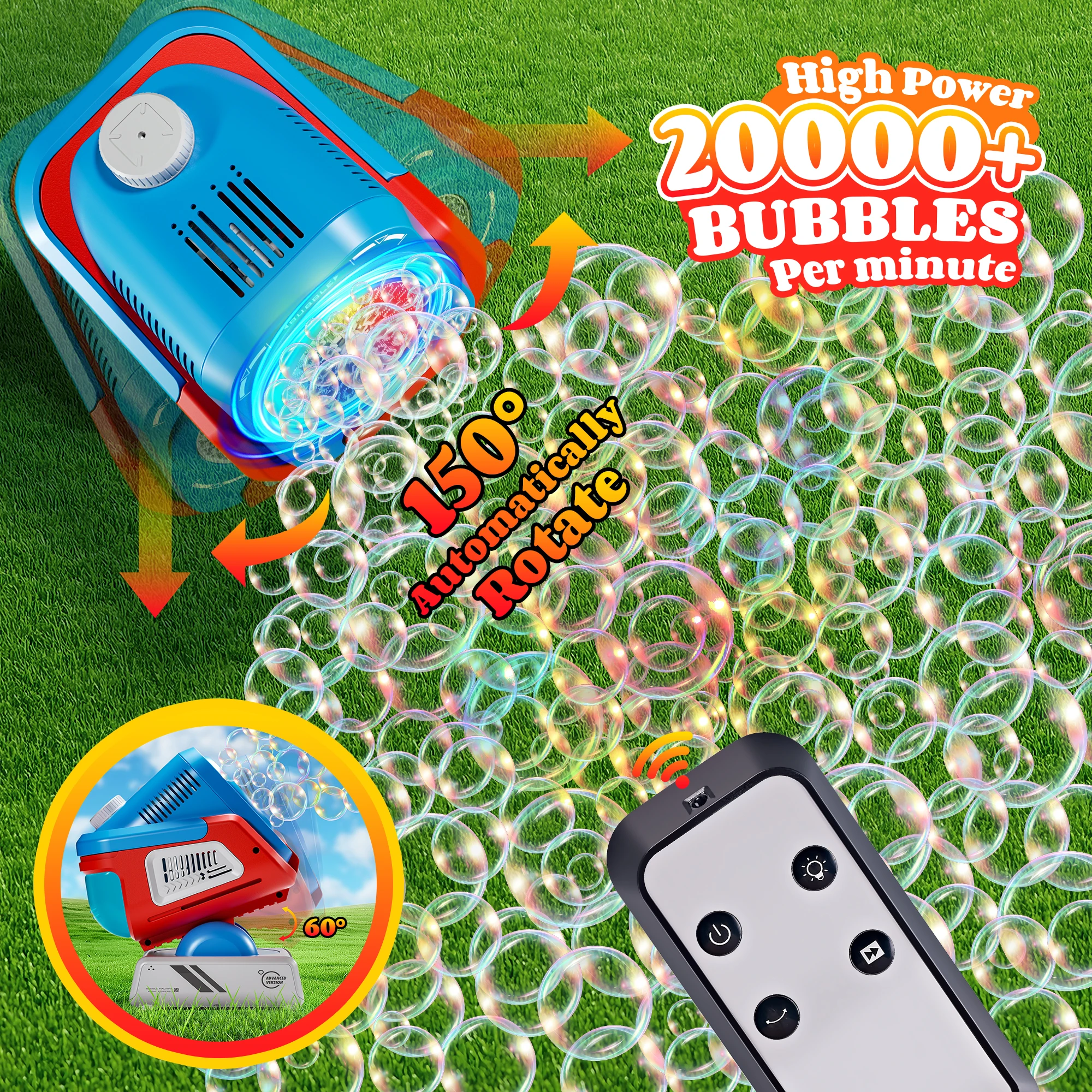 2025 Verbesserte Seifenblasenmaschine mit Fernbedienung, automatischer Drehung und RGB-Leuchten, 1800-mAh-Akku, Typ-C-Aufladung,