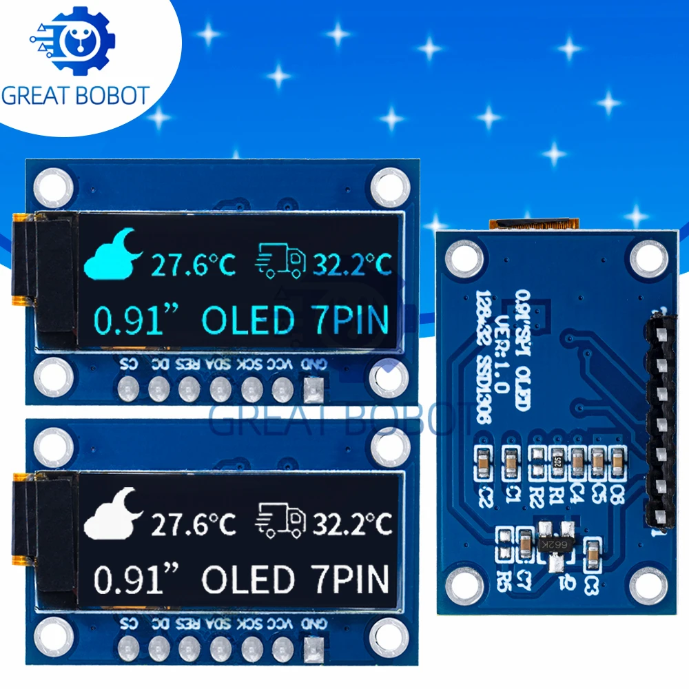 BS SSD1306 7PIN 0.91 Inch 128x32 SPI OLED Display Module, White Blue Screen Board for Arduino