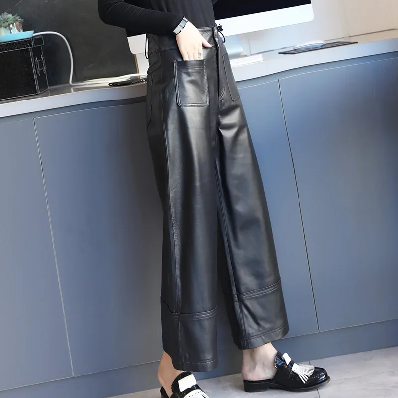 Tajiyane Real Sheepskin Leather Pants Women Korean Fashion Wide Leg Pants Loose Straight Trousers High Waist Pants Pantalons SGG