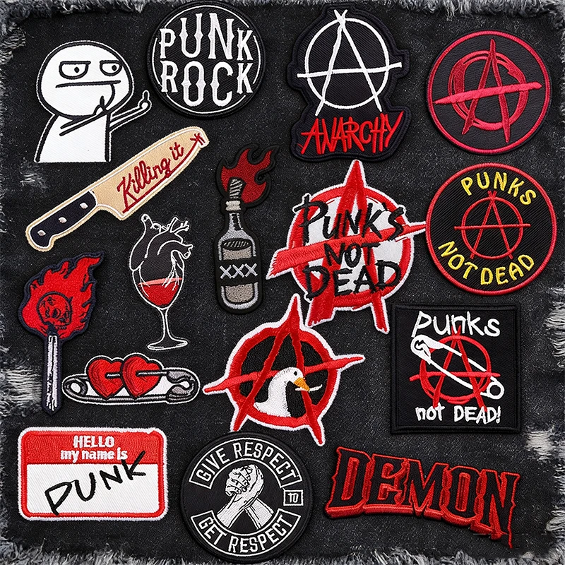 Punks Not Dead Letter Embroidered Slogan Patch Iron On Patches For Clothing Rock Demon Flame Patches For Clothes Jackets Sew DIY