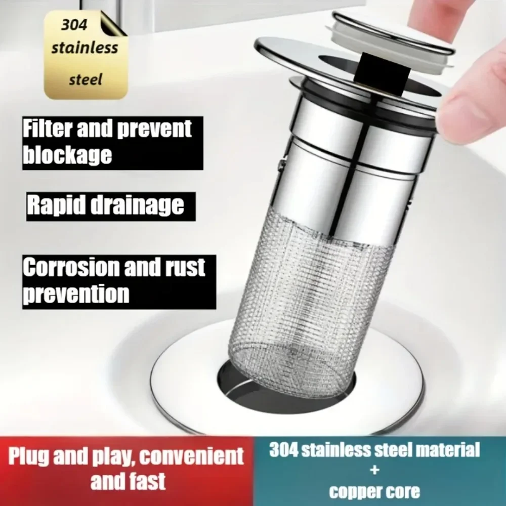 Edelstahl-Filter-Waschbecken-Abflussstopfen, auslaufsicher, für Badezimmer, Küche, Waschbecken, Bodenablauf, ausgestattet mit Kupferkern-Rücklaufventil. – Detail 2