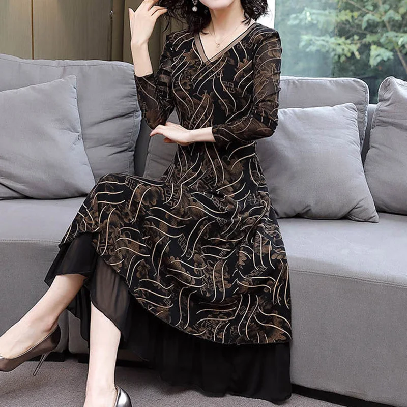 Spring Autumn Mesh Dress Women's Long Sleeve 2023 New V-Neck Geometric Printing Loose A-line Patchwork Gauze Midi Dresses