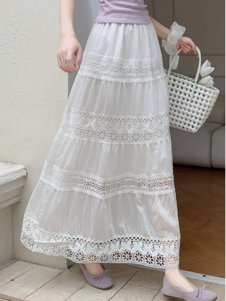 

SMTHMA 2025 New Summer White Lace Spliced Three Dimensional Flower Skirt Women's Design Temperament Elegant Long Skirt