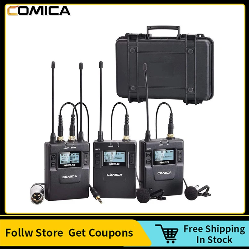 Comica CVM-WM300A Dual Wireless Lavalier Microphone UHF 96 Channel Professional Lapel Lav Microphone for DSLR Canon Sony Camera