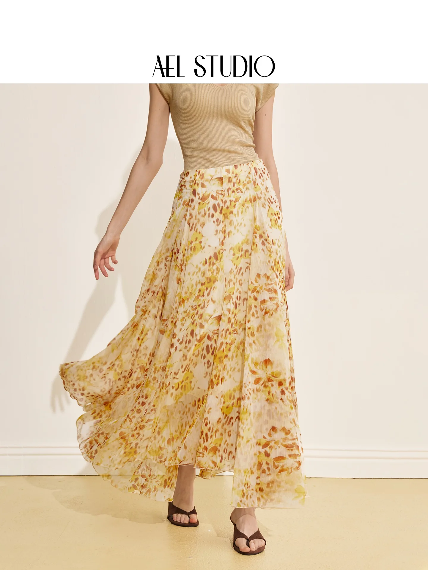 AEL Original Französischer Retro-Gelber Blumenrock für Damen, Neuer Sommer 2026 Asymmetrischer Rock, A-Linien-Maxikleid – Detail 5