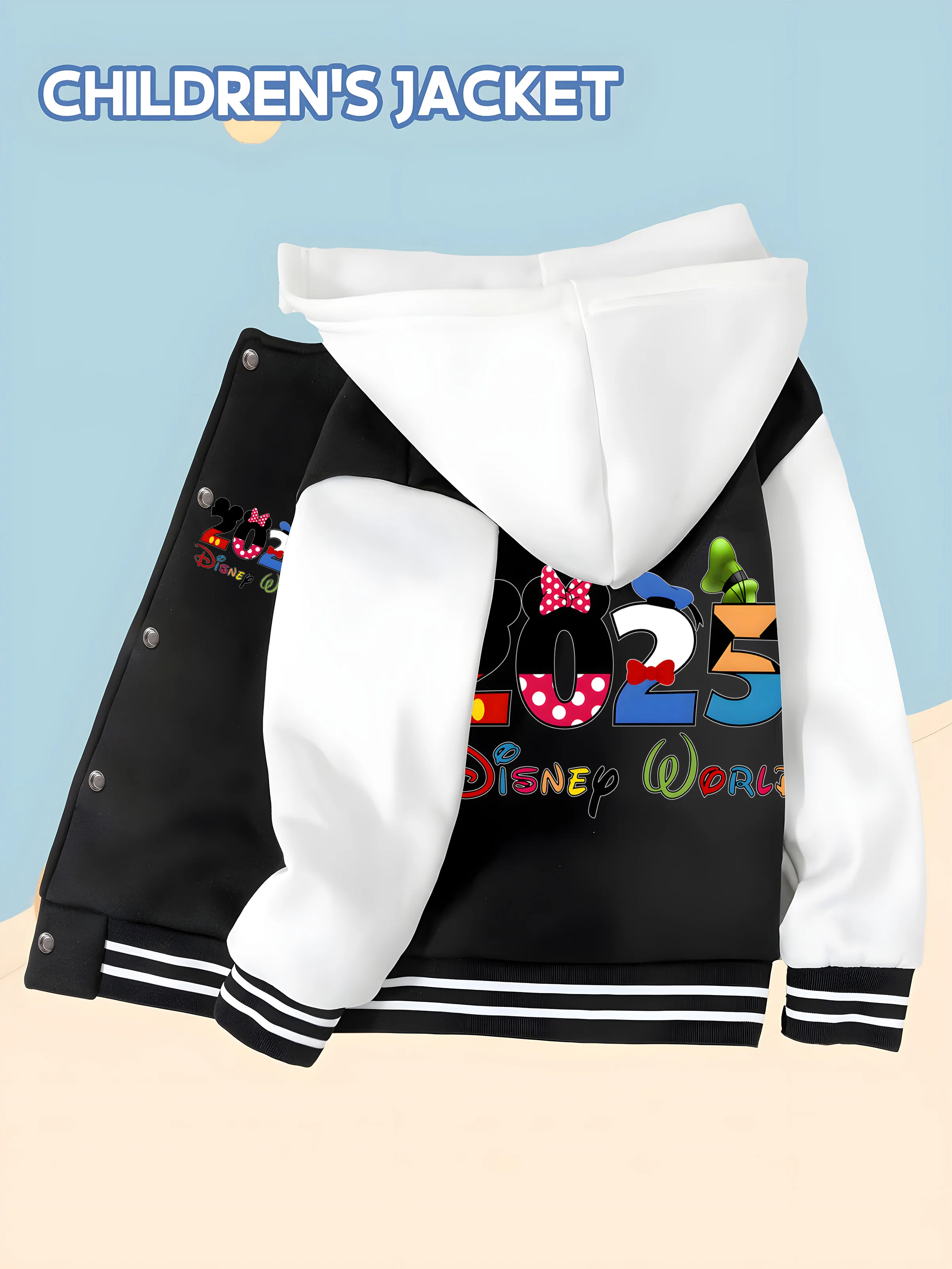 

MINISO Disney Boys' Baseball Jacket - 2025 Disney World Theme with colorful numbers on the back, perfect for trendy park outings