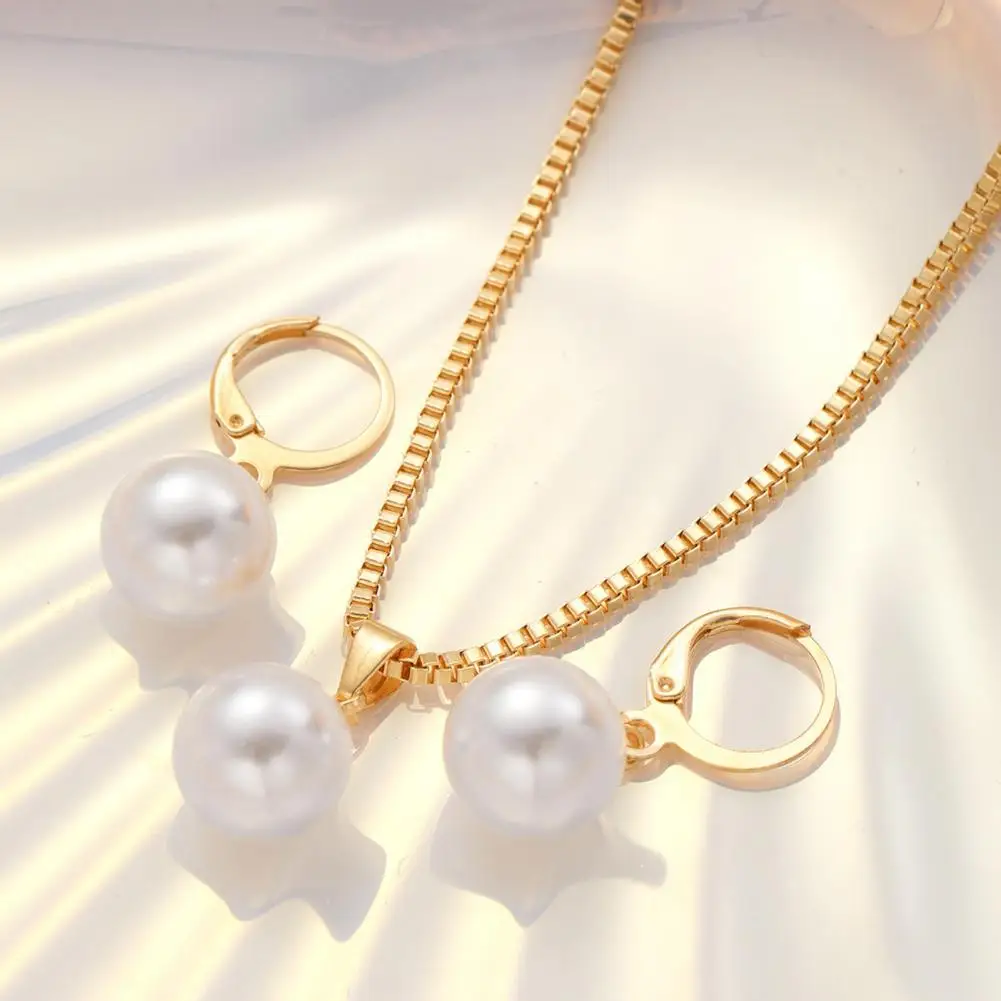 2 Pcs/Set Women Jewelry Set Faux Pearl Huggie Earrings Adjustable Necklace Prom Party Dangle Earrings Lady Weddings Jewelry