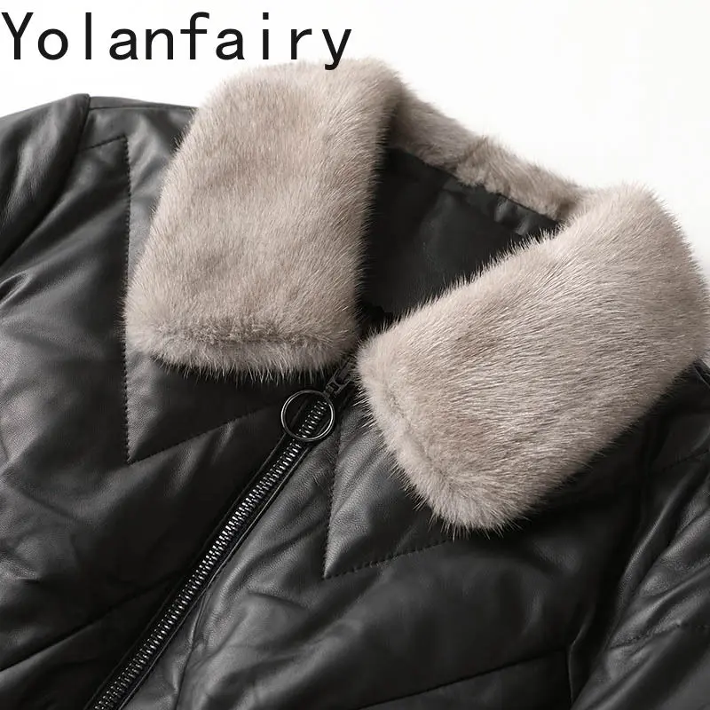 YOLANFAIRY Leder Jacken Frauen Echtem Schaffell Mäntel Kurze Winter Weiße Ente Unten Liner Jacke Nerz Pelz Kragen Kleidung Neue