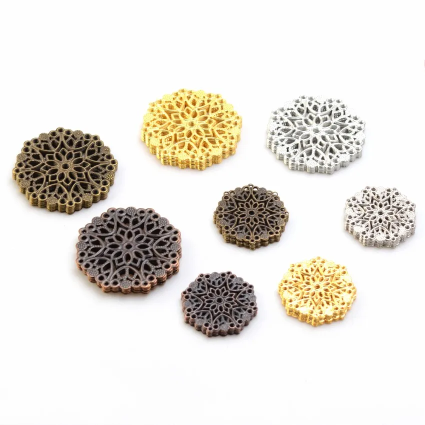 10/30/50pcs Flower Filigree crafts Hollow Embellishments Findings Jewelry Accessories Bronze Tone ornaments 35mm 48mm Wholesale