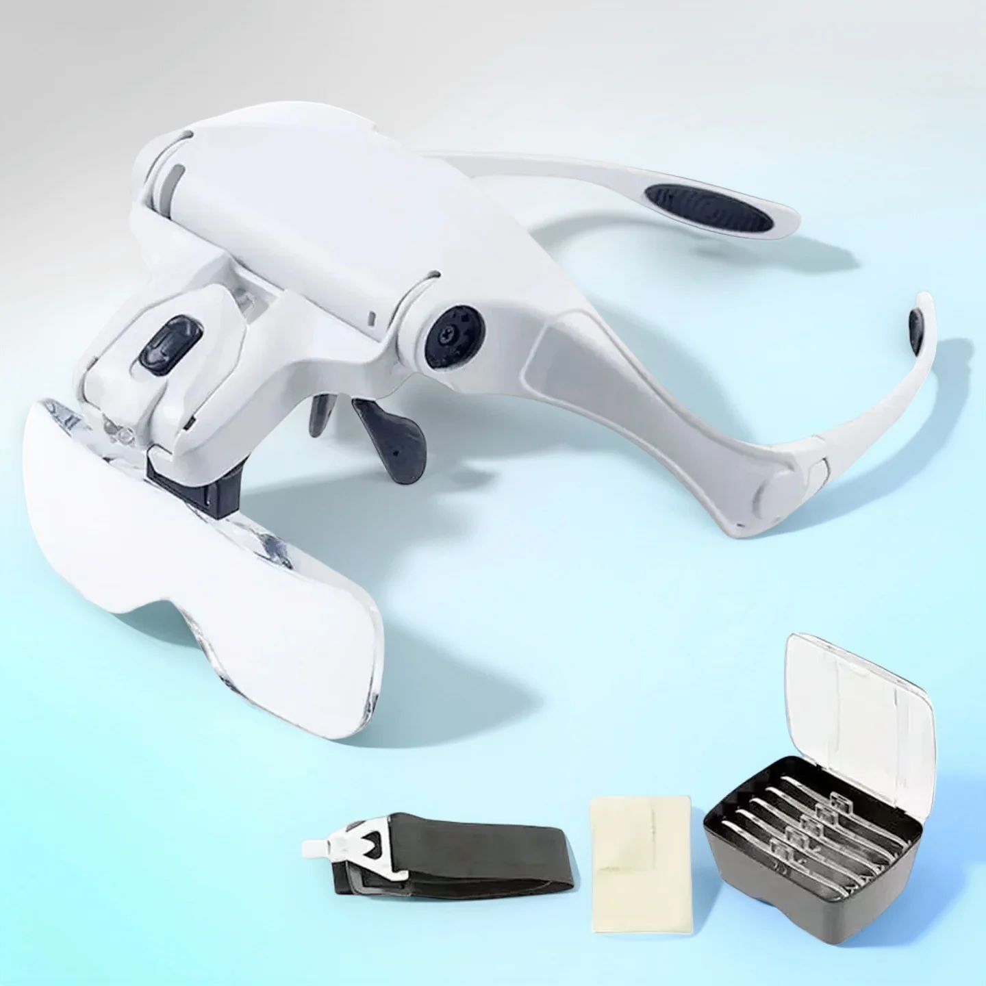 

Head-Mounted Magnifier with LED Lighting 5 Interchangeable Lenses 1.0X to 3.5X Adjustable Headband for Comfort