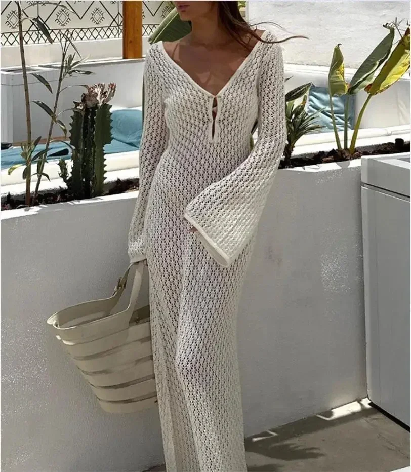 2024 Sexy Women Long Knit Beach Dress Hollow-Out Deep V-Neck Long Sleeve Bikini Cover-Ups Dress Fall Backless Holiday Dress