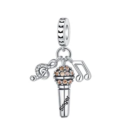 925 Sterling Silver  Diamond Microphone Musical Charms Fit Original Bracelet Charm Beads Necklace Diy Women Jewelry