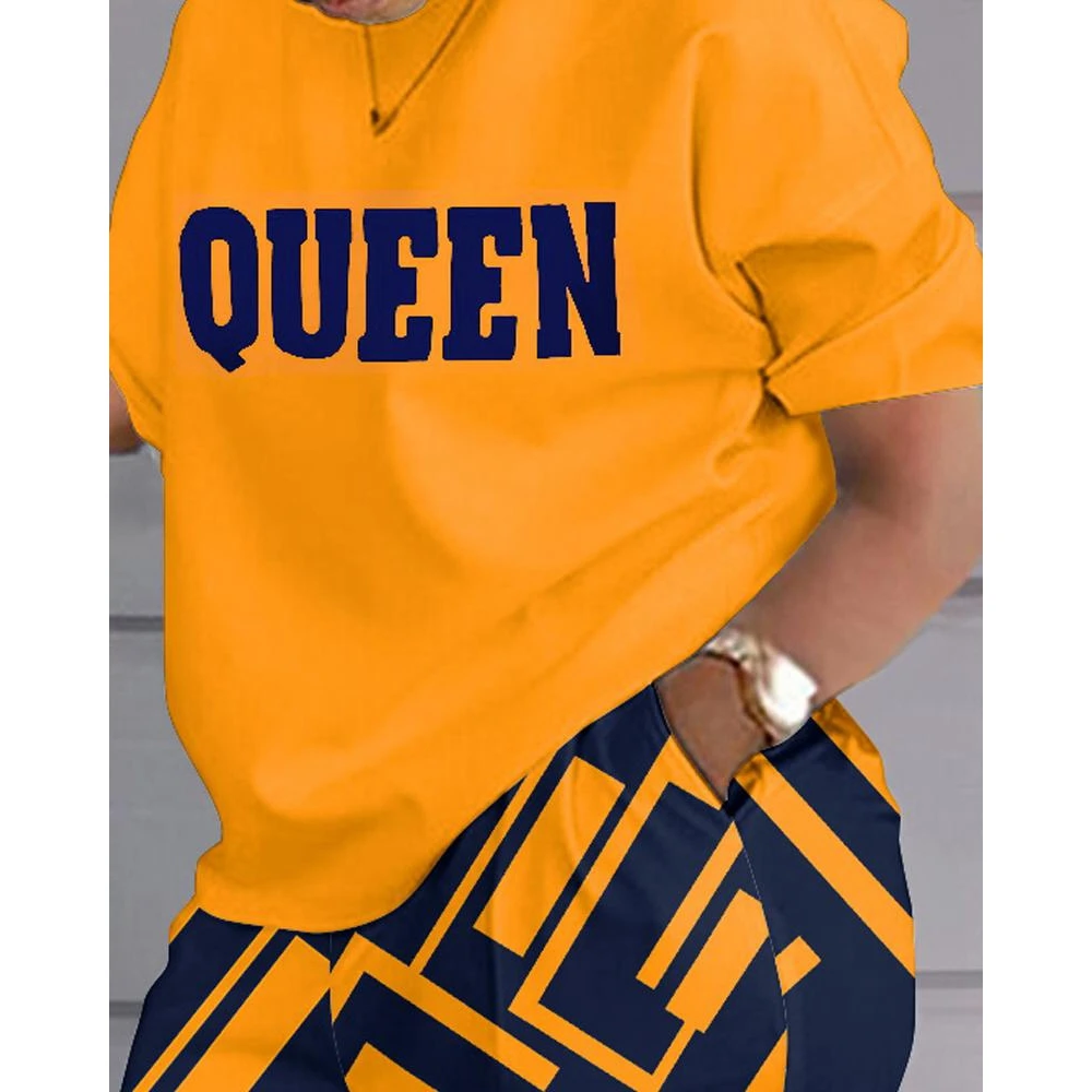 Women Queen Letter Print Top & Colorblock Shorts Set Female O-Neck Short Sleeve 2 Piece Casual Summer 2024 Outfits Clothing