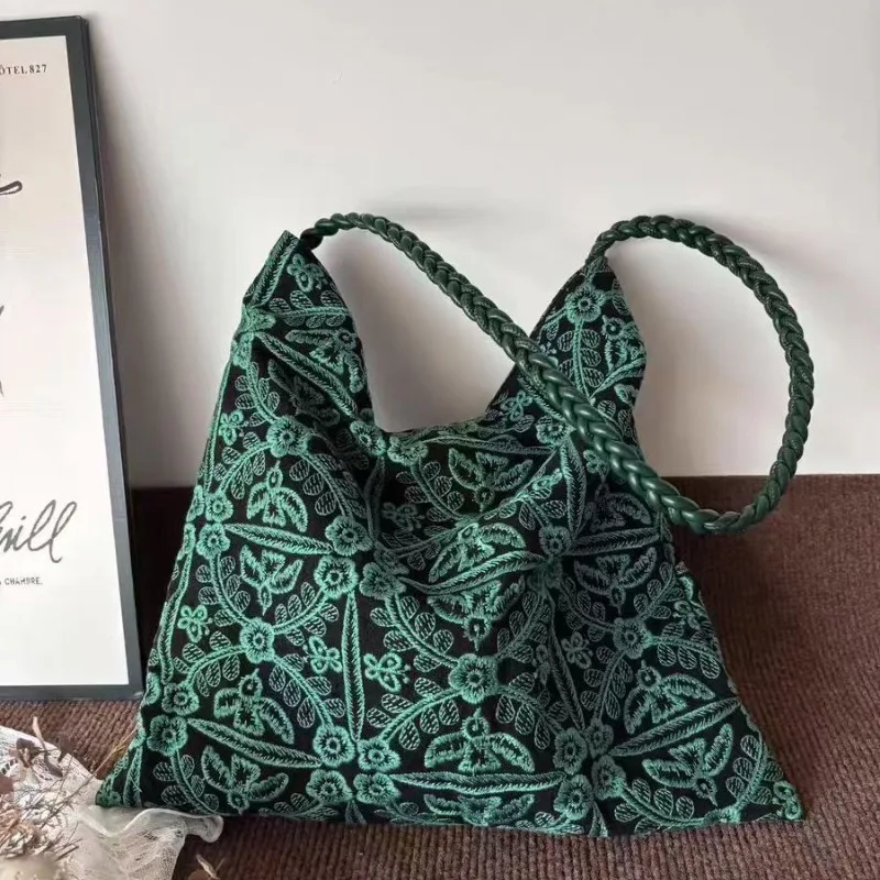 

Green Forest Woven Embroidered Canvas Bag Large Capacity Original Niche Handmade Cloth Bag Versatile Simple Tote Bag for Women
