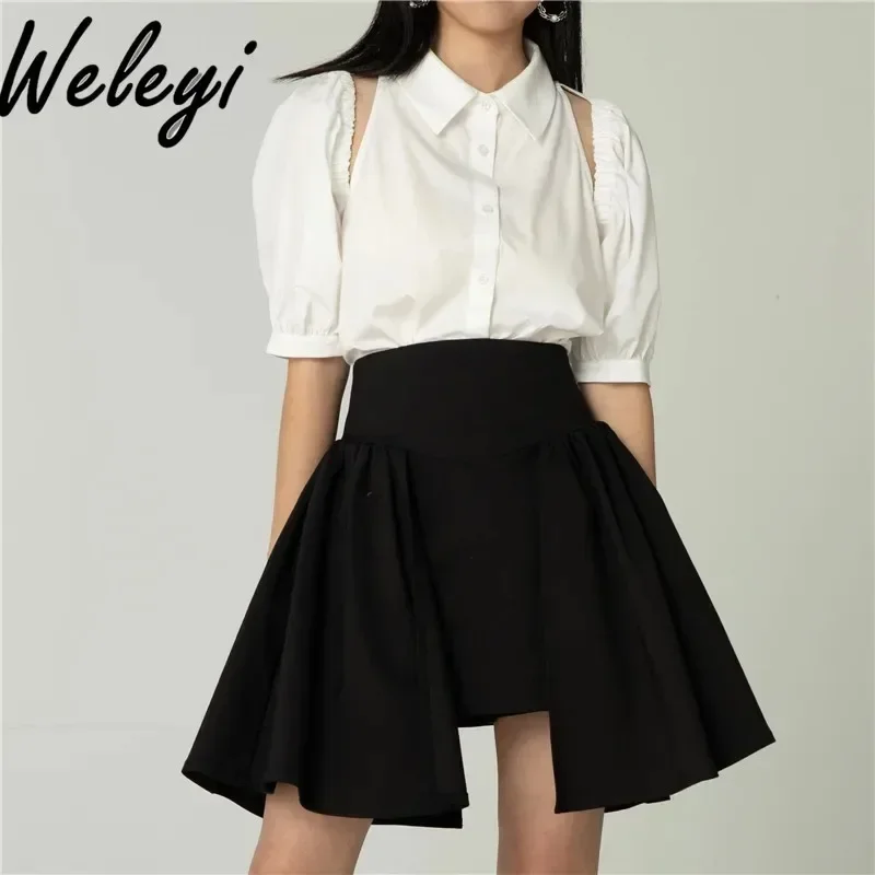 

Sweet Cool Off Shoulder Knot White Shirt for Women Blouse Femmes Academy Style High Waist Black and White Top Blusa Feminina