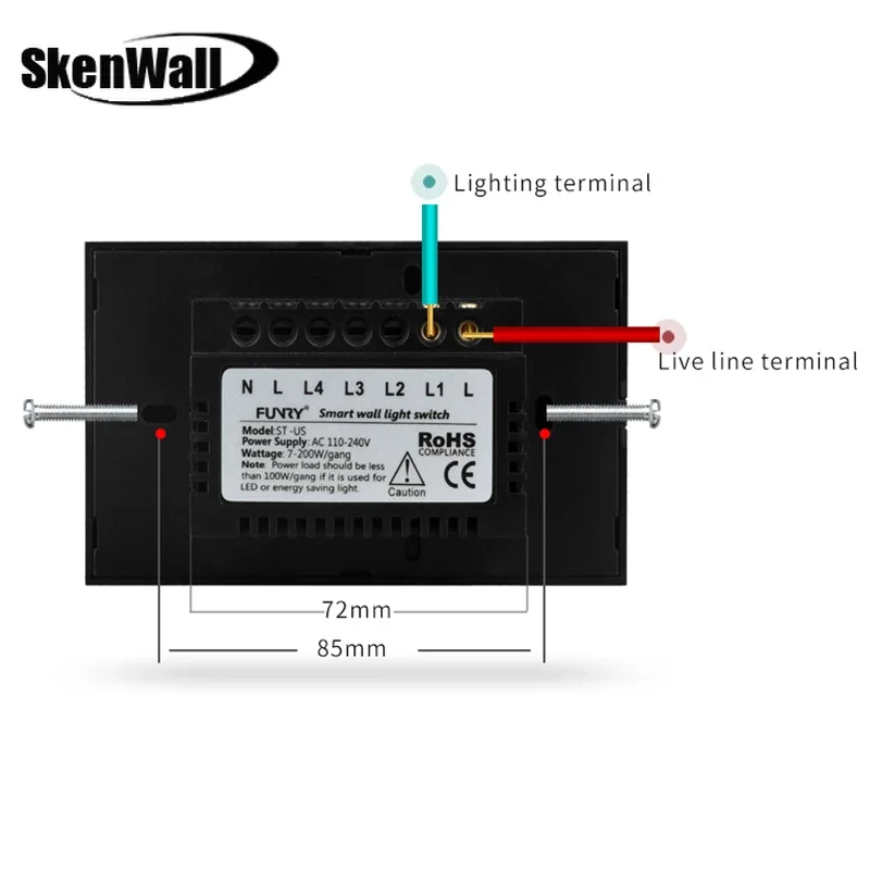 Lichtschalter, 1 Gang, US-Standard, 110–240 V, Touch-Schalter, Sensorschalter, Wandschalter, luxuriöse Glasoberfläche, wasserdicht, 120 x 73 x 34 mm