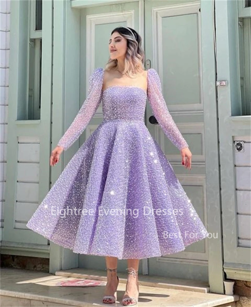 Eightree Dubai Turquoise Sequined Prom Dresses Long Sleeves Midi Saudi Arabia Muslim Evening Dress Luxury Bespoke Occasion Gowns