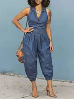GLOURI Women's Barrel Denim Jumpsuits, Sleeveless Front Button Down High Rise Elastic Waist Wide Leg Jean Overalls, Casual Weekend Daily Outfits, One Piece Jean Streetwear Rompers for Women - Image 3