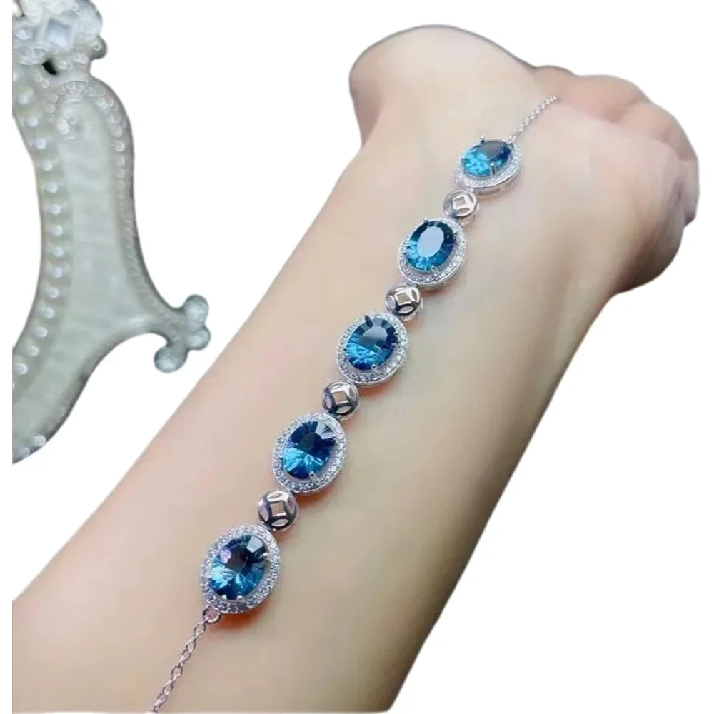 

KJJEAXCMY-925 Sterling Silver Oval Gem Bracelet Women, Inlaid Natural London Blue Topaz, Exquisite Hand Jewelry, Exquisite,